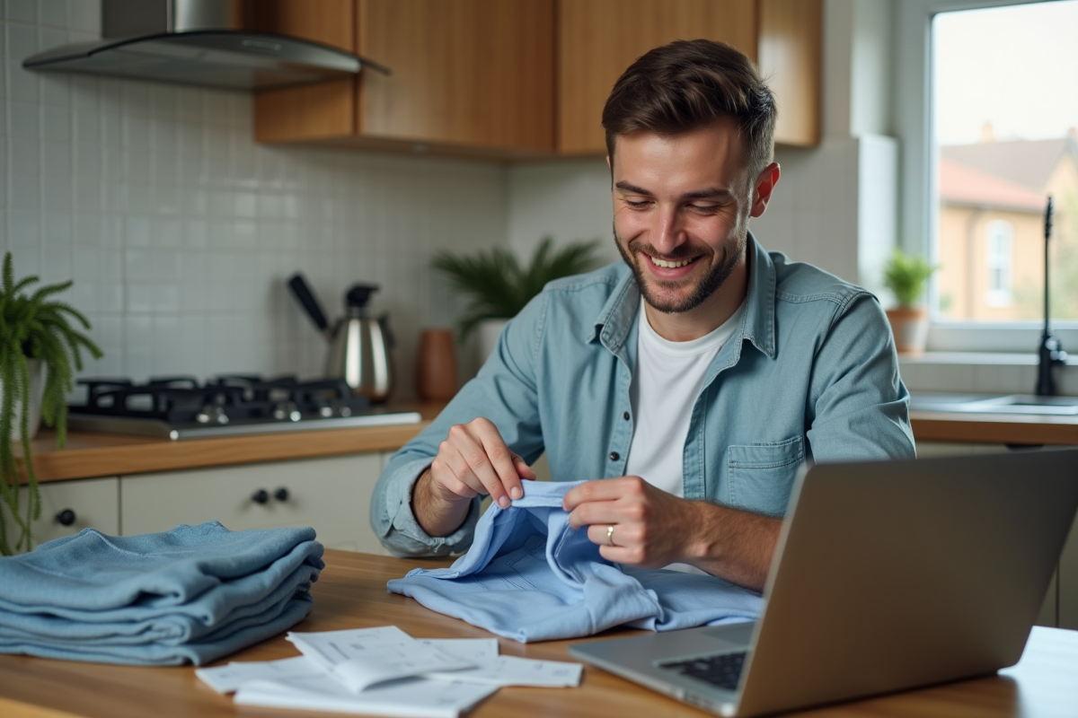 Homme vérifiant l’étiquette d’un vêtement dans la cuisine