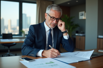 Homme d'affaires en costume regardant des documents financiers