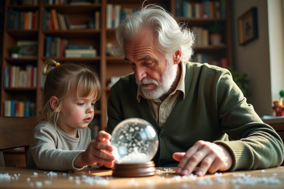 Homme âgé montrant un globe de neige à un enfant curieux