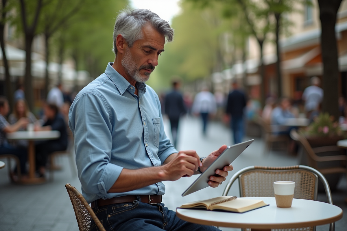 Homme en terrasse de café multitask en ville avec tablette et carnet