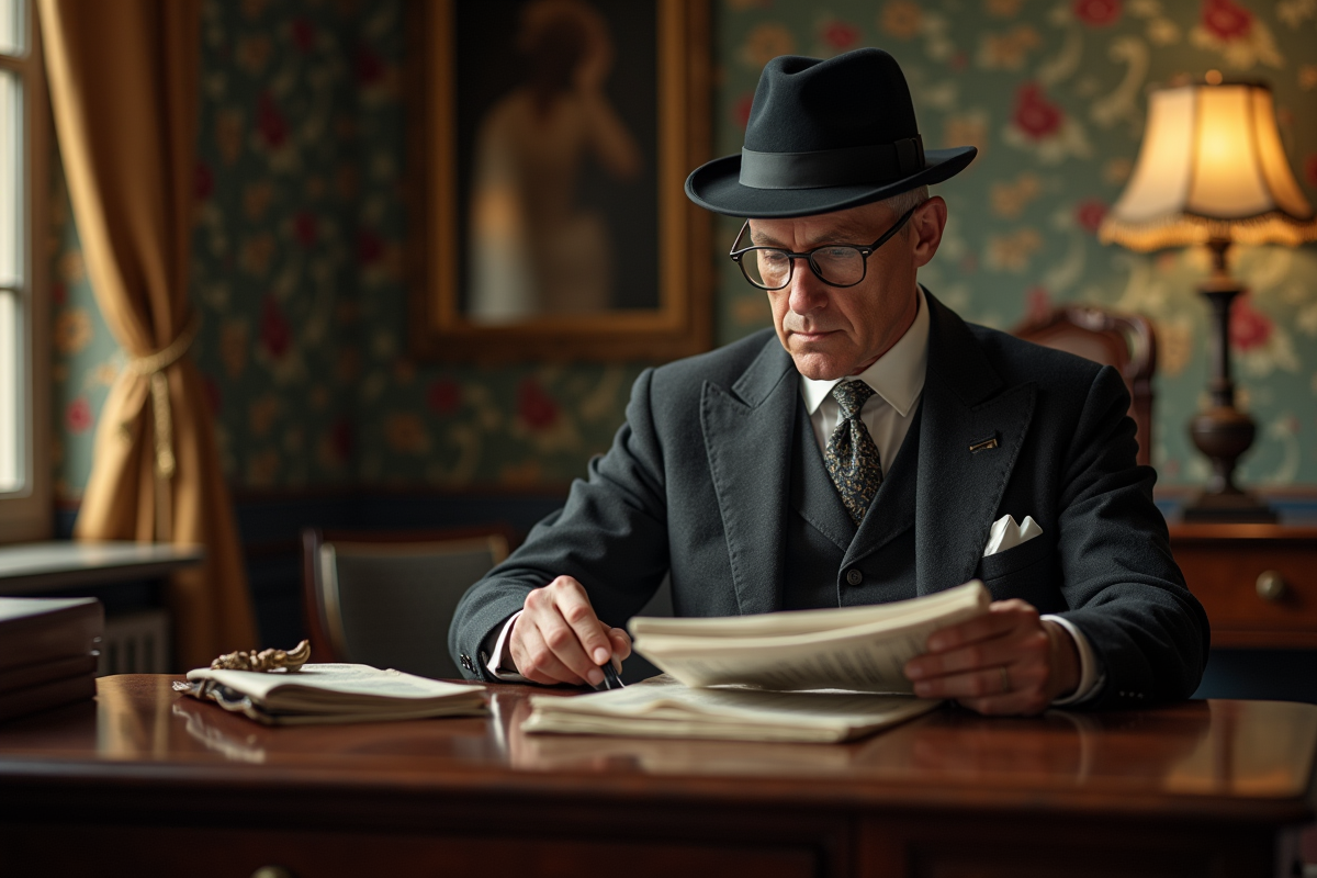 Homme en costume 1910s lisant un journal dans un parloir