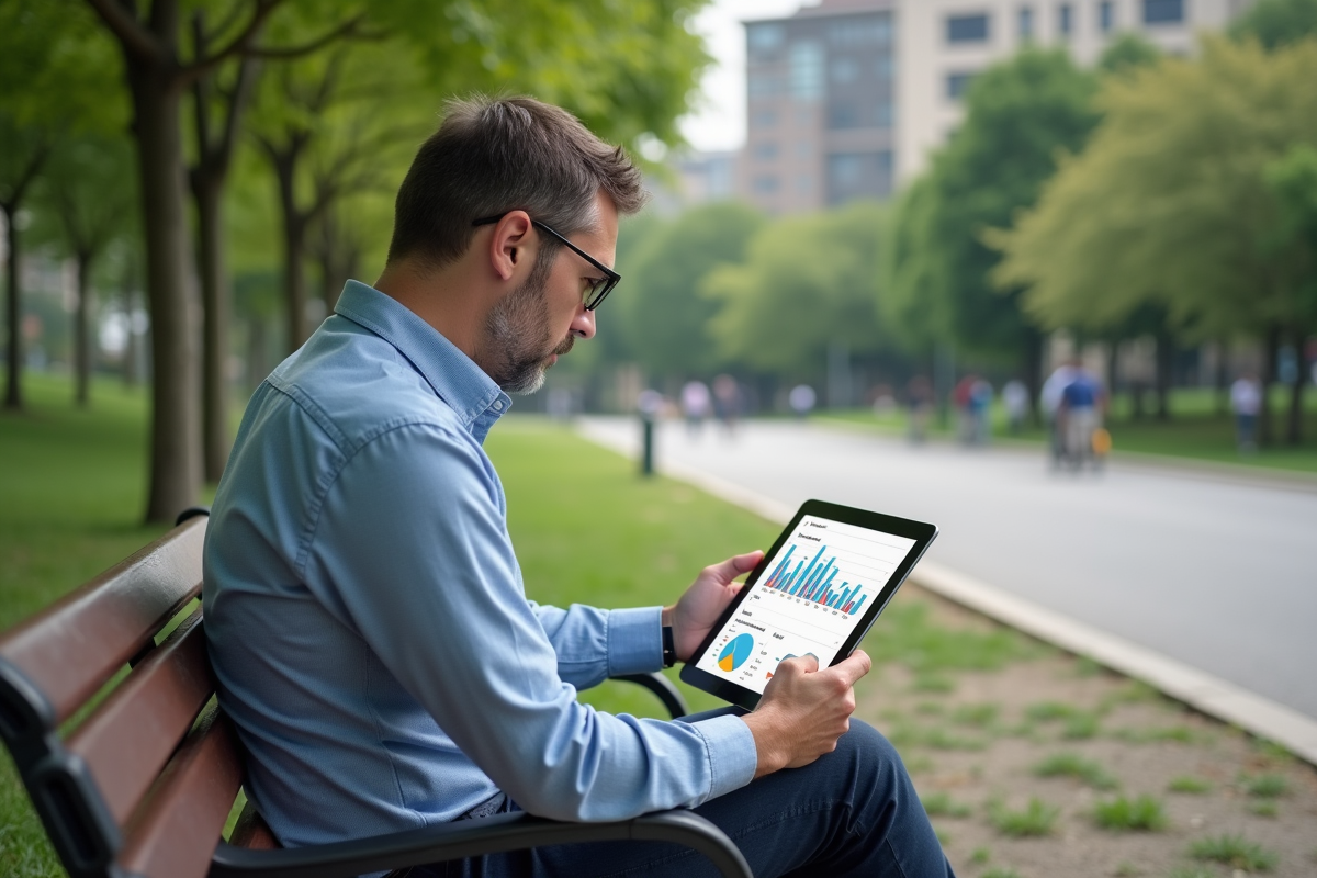 Homme analysant des graphiques de dépenses en extérieur