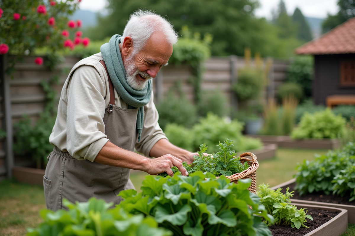 Homme récoltant des légumes verts dans un jardin luxuriant