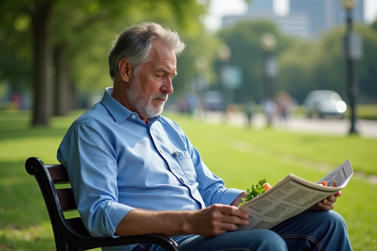 Homme lisant un journal sur un banc dans le parc