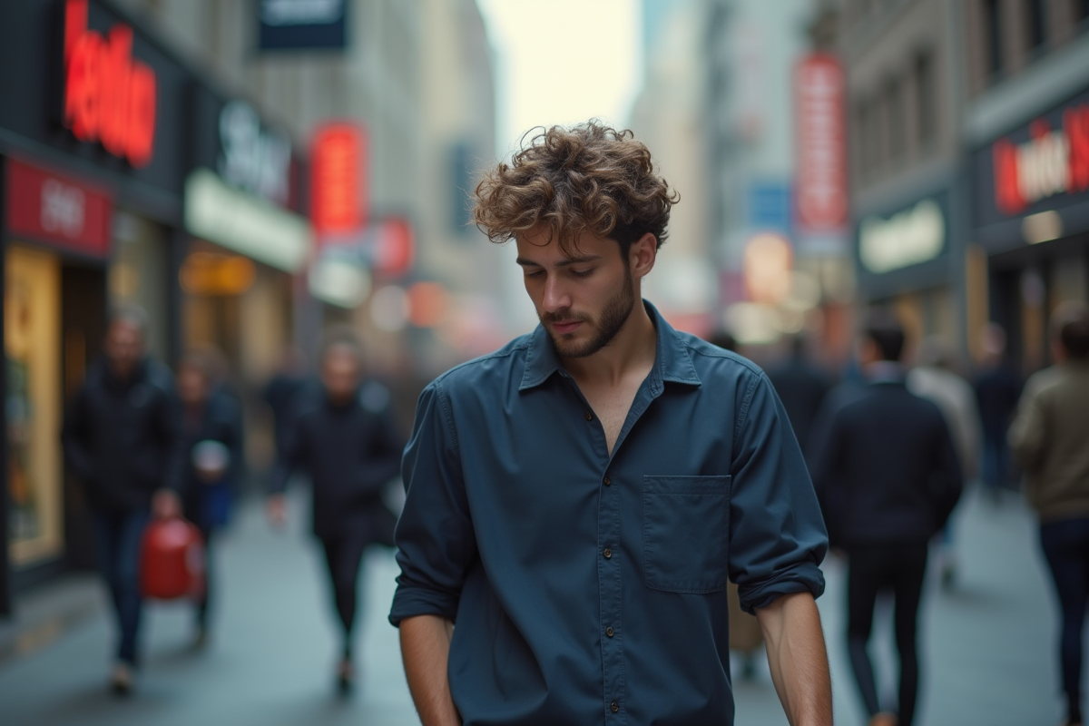 Jeune homme marche seul dans la rue urbaine