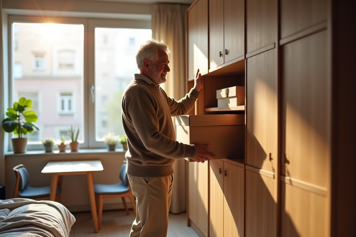 Homme âgé rangeant des boîtes dans un appartement lumineux