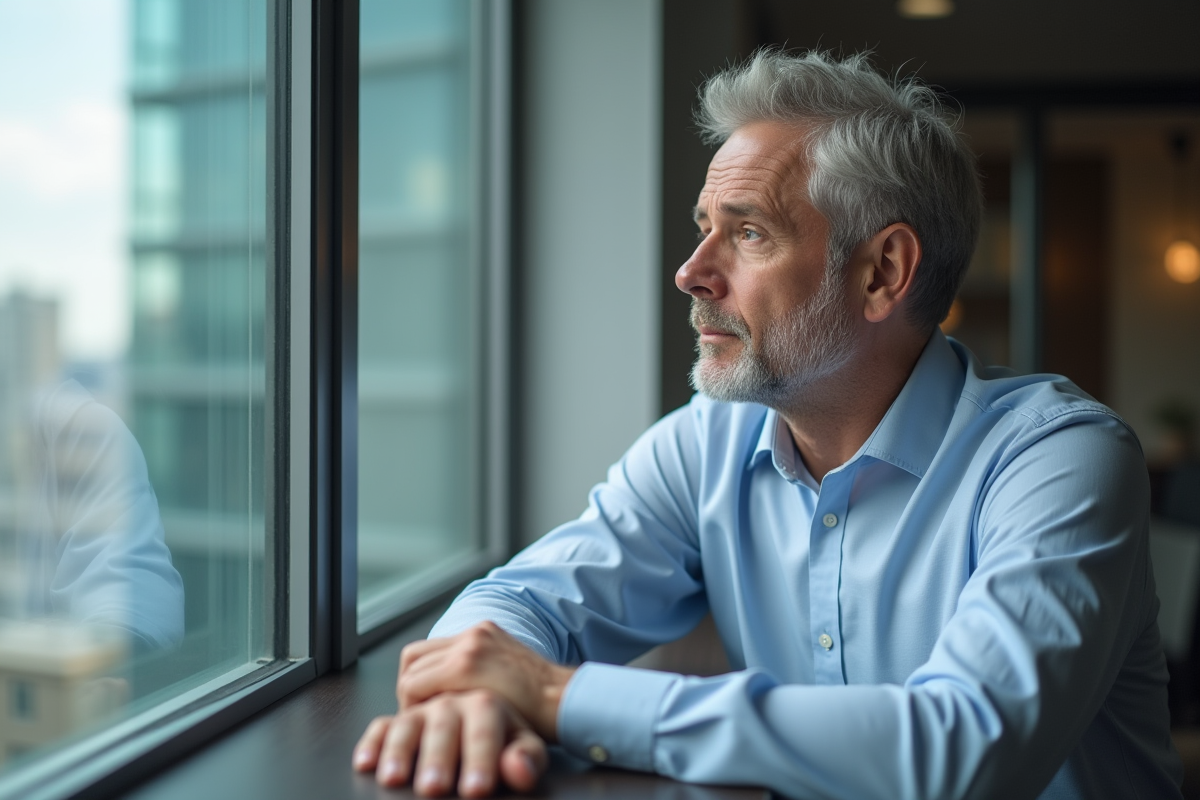 Homme contemplant vue urbaine dans un bureau