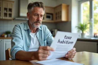 Homme d'âge moyen examine un document taxe habitation