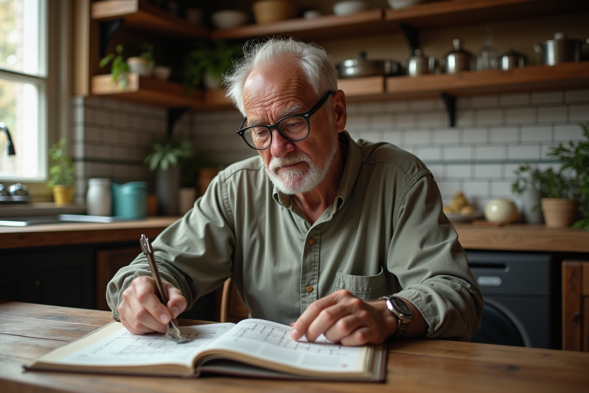 Homme âgé examinant une cuillère en argent et un diagramme blockchain