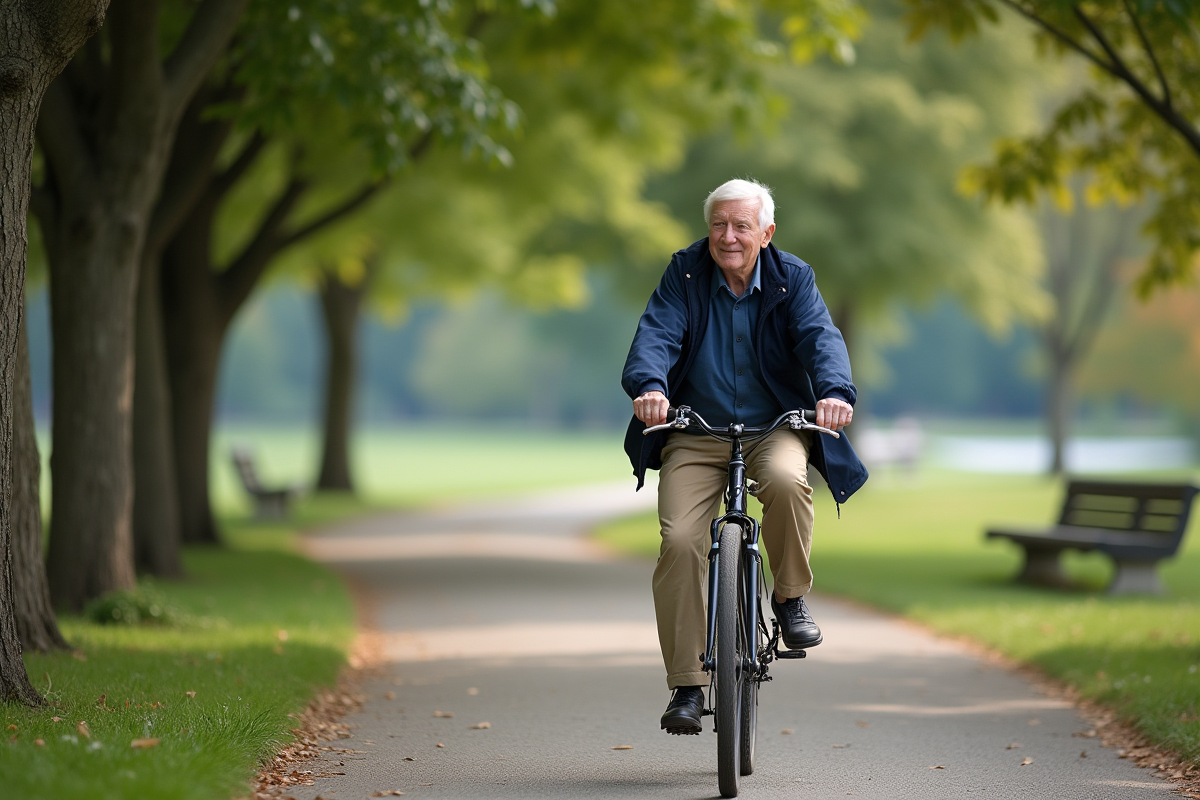Homme âgé roulant à vélo dans un parc verdoyant