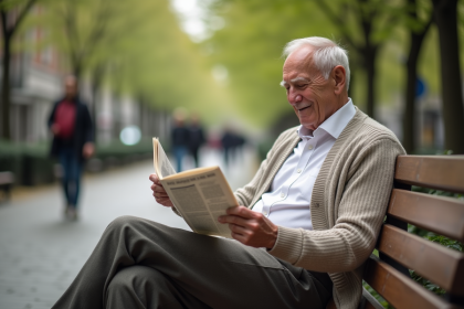 Homme âgé souriant lisant dans un parc en ville