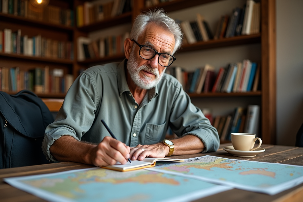 Homme âgé prenant des notes dans une salle commune d