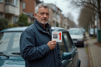 Homme avec sticker Crit’Air 1 près d'une voiture diesel