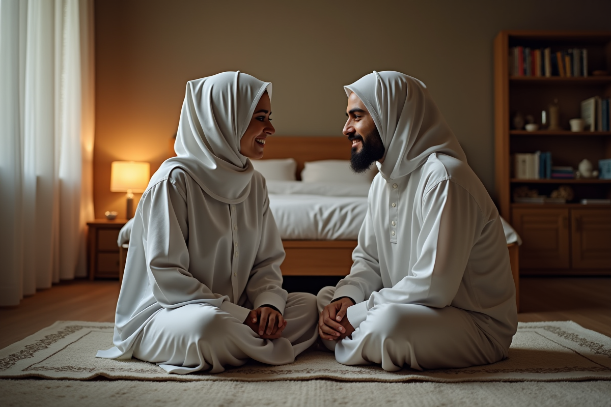 Jeune couple musulman souriant avant de dormir sur un tapis de prière