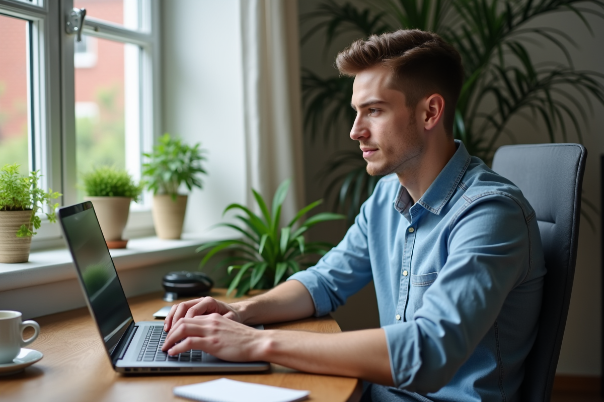 Jeune homme en télétravail dans son bureau à la maison