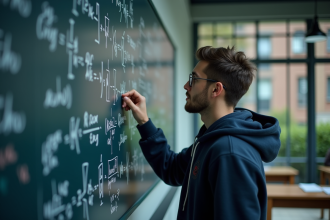 Étudiant en informatique résolvant des équations en salle d'étude