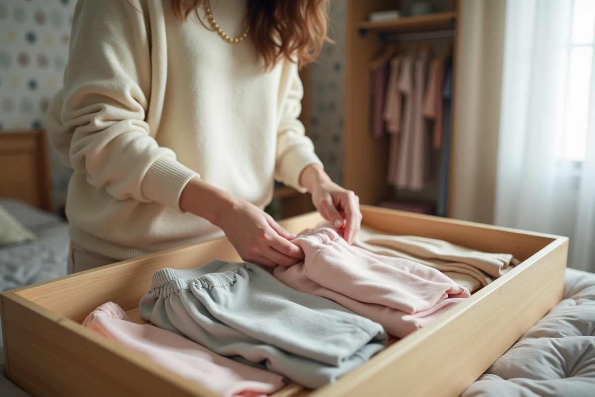 Jeune femme pliant des culottes pastel dans un tiroir organisé