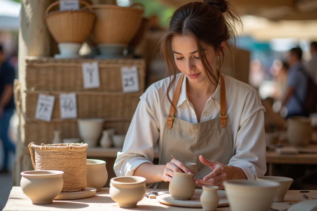 Jeune femme céramiste décorant une poterie en plein air