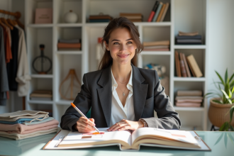 Jeune femme styliste étudie palettes de couleurs dans son studio