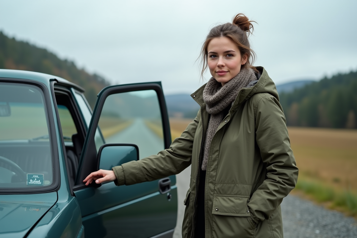 Jeune femme fermant la porte d’un SUV en campagne