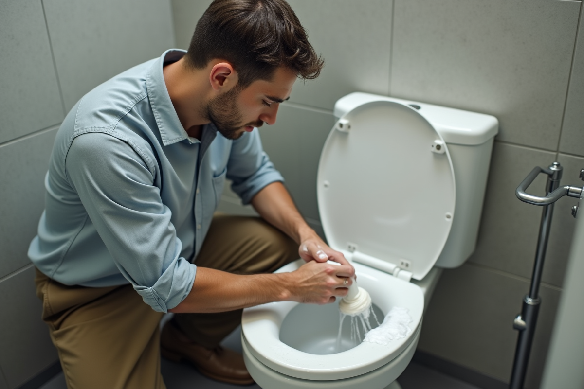 Jeune homme lavant la toilette avec une brosse à shampooing