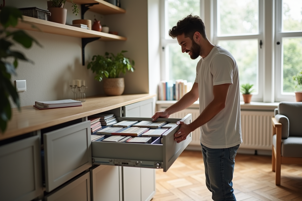 Jeune homme rangeant livres dans un meuble en salon lumineux