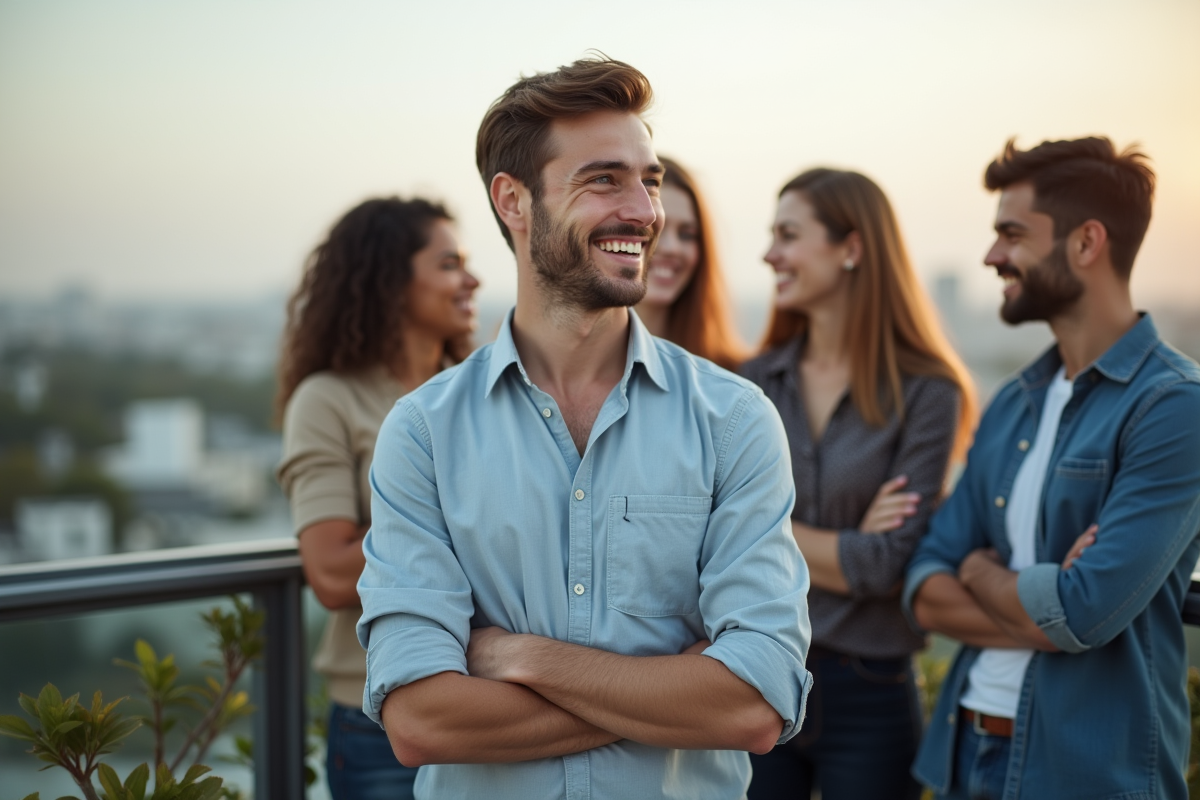 Jeune homme souriant avec collègues sur un rooftop