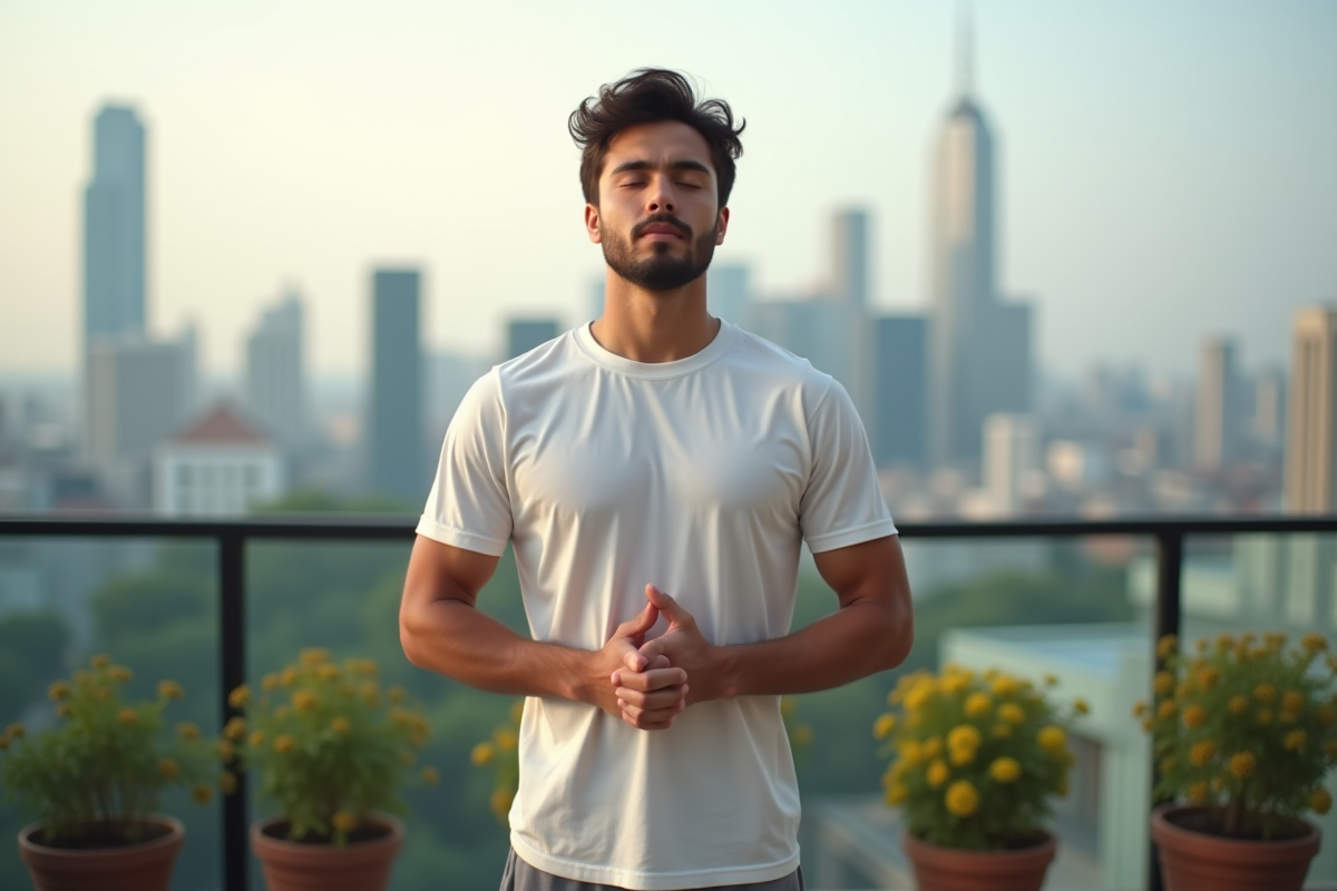 Jeune homme pratiquant la respiration sur un balcon