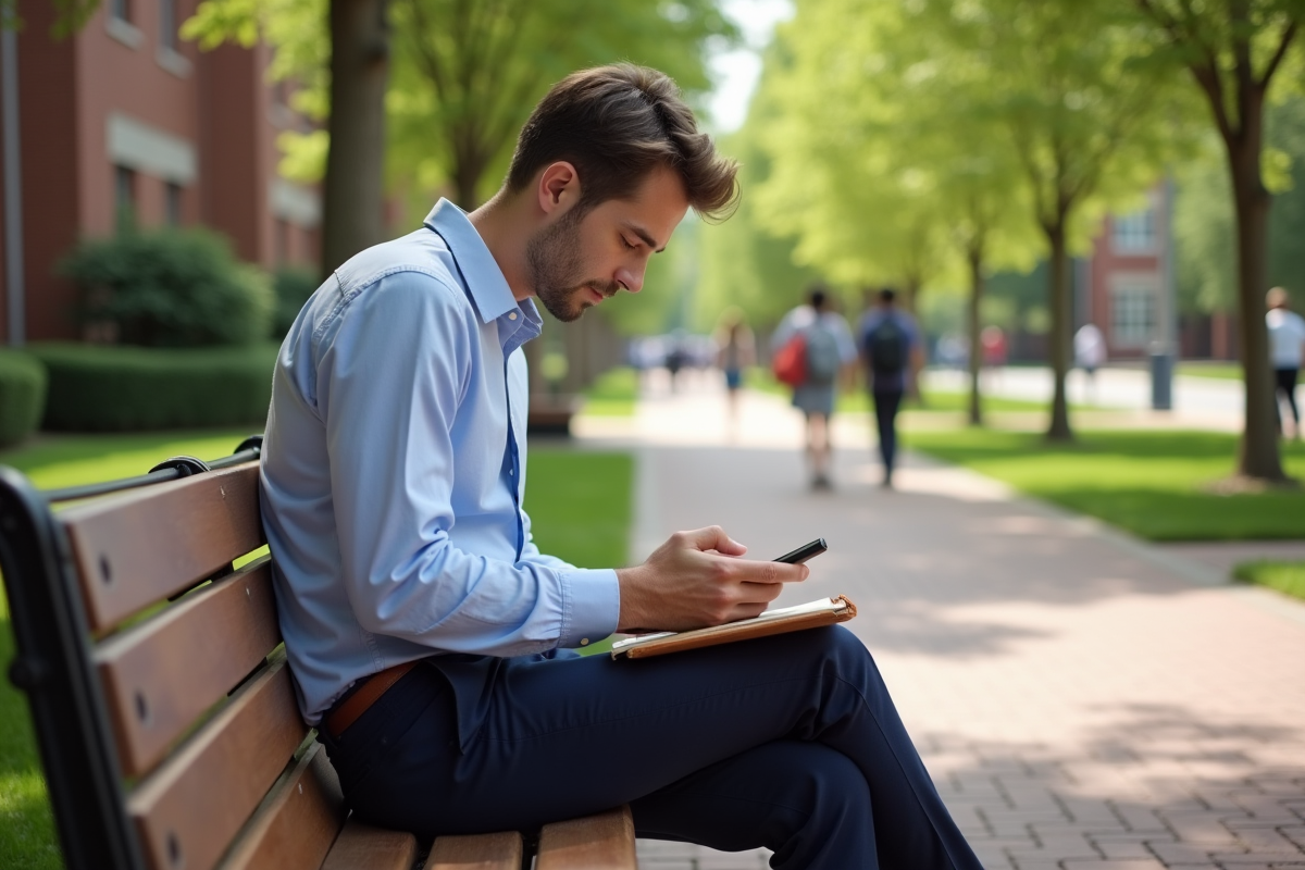 Jeune homme consulte ses finances en plein air