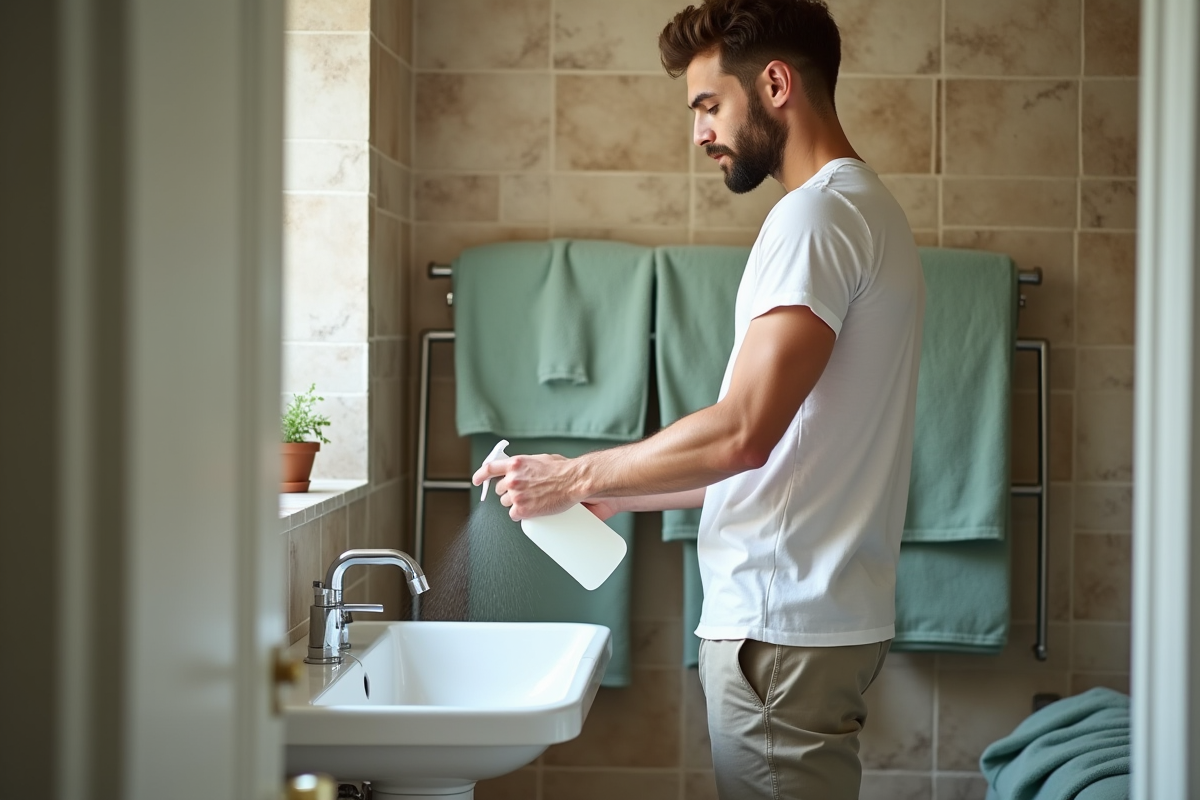 Jeune homme vaporisant du vinaigre dans la salle de bain