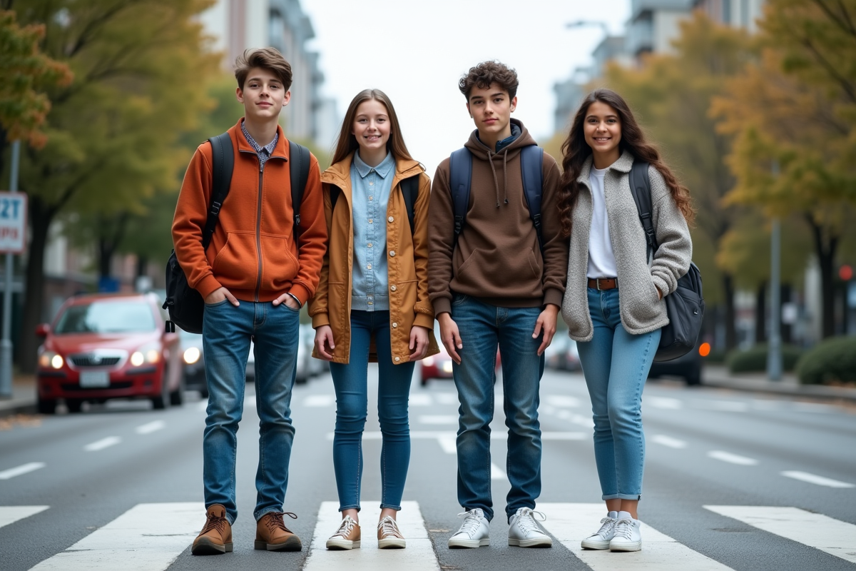 Groupe de quatre adolescents dans une rue urbaine au passage piétons