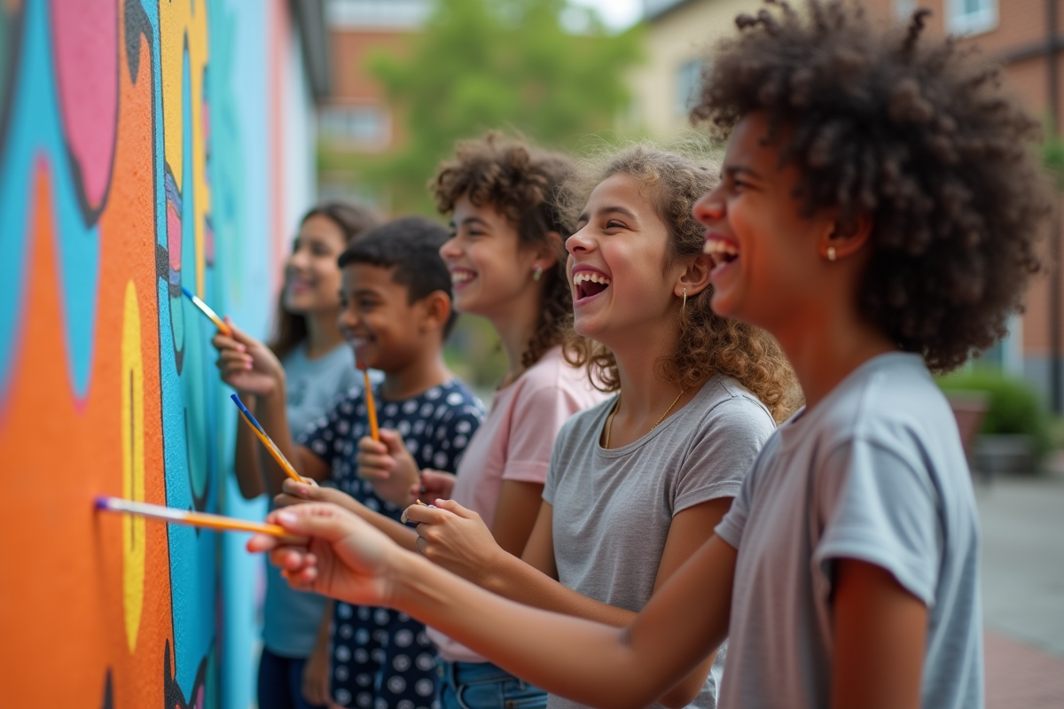 Groupe de jeunes divers peignant une murale en extérieur