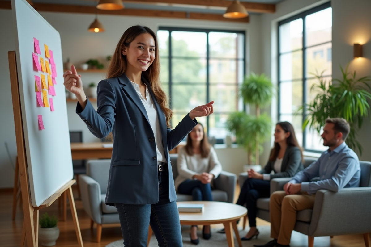 Jeune femme leader guidant une séance de brainstorming