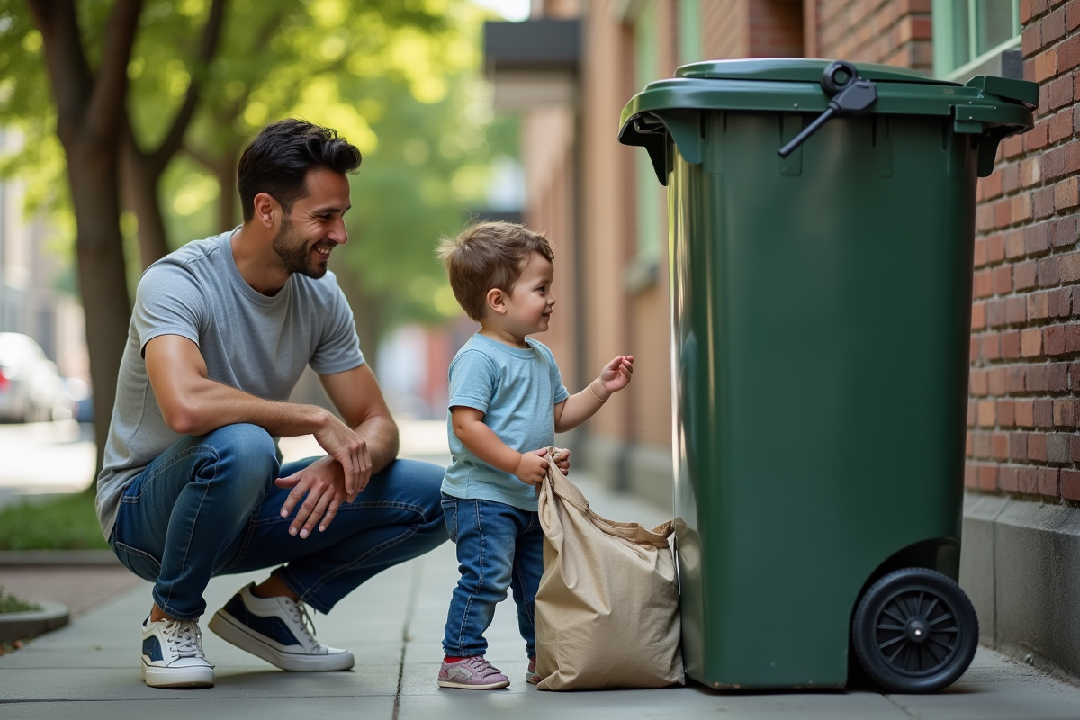 Père et son enfant déposant des vêtements dans une benne dehors