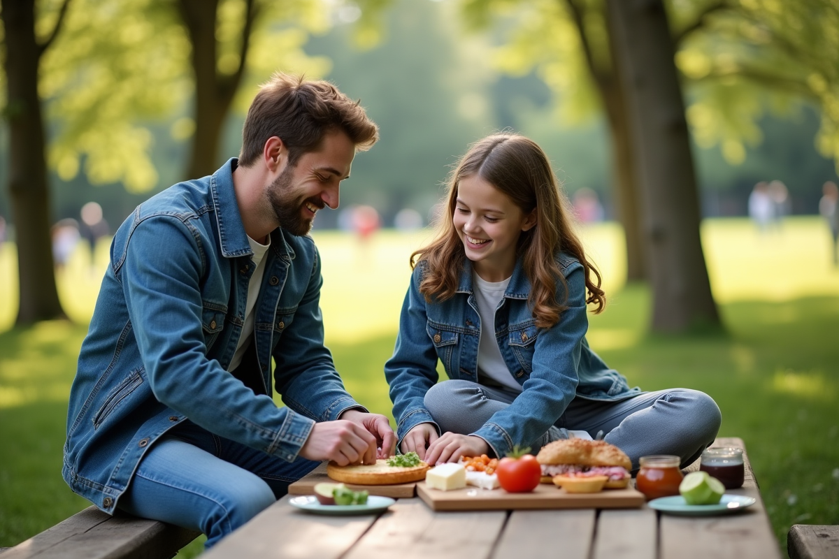 Père et fille préparant un pique-nique dans un parc ensoleille