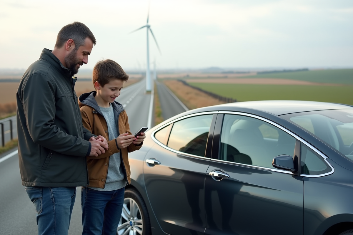 Pere et fils regardant la route devant leur voiture hybride