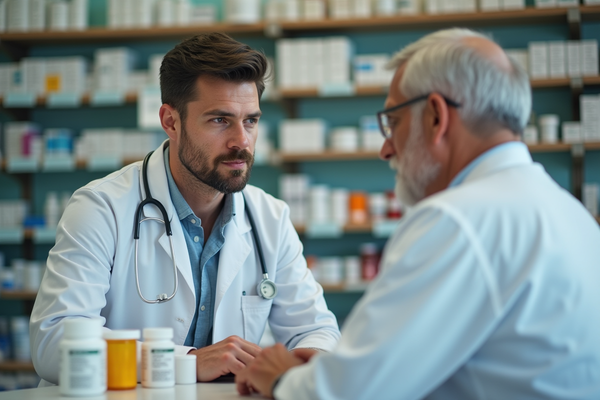 Jeune pharmacien conseillant un homme âgé au comptoir de pharmacie