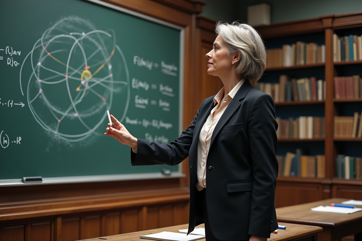 Une femme physicienne explique des équations quantiques sur un tableau noir