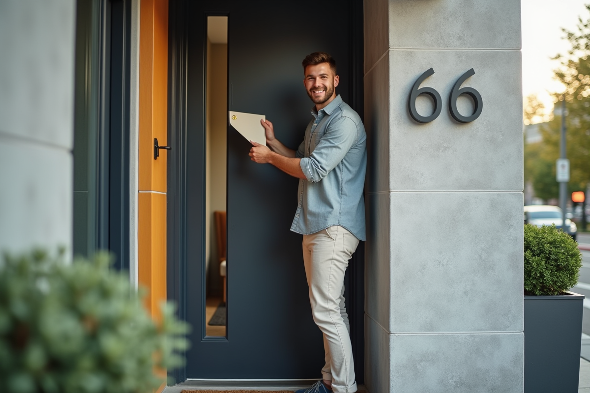 Jeune homme posant des numéros de maison sur une porte moderne
