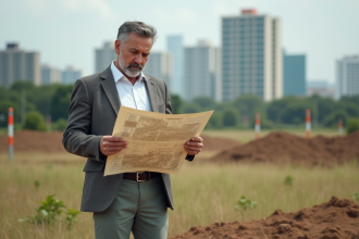 Prospecteur professionnel étudie une carte sur un terrain en plein air