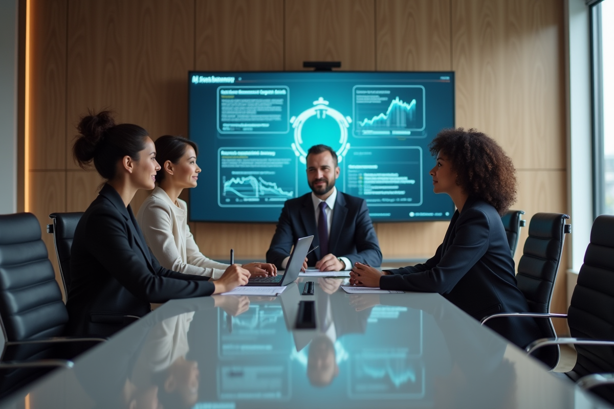 Groupe de professionnels en réunion dans une salle moderne